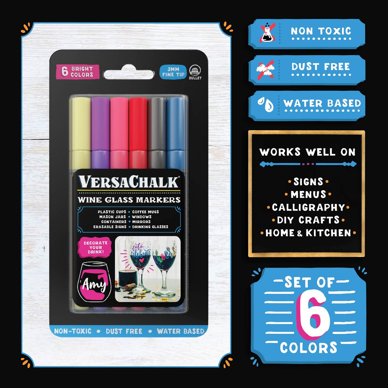 VersaChalk Wine Glass Markers Set of 6 – 3mm Fine Tip Chalk Pens for Parties, Glasses, and Drink Labels